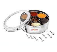 Stainless Steel Spice box with glass lid,Heavy Spice Box with 7 container and 7 spoons,Color-Silver
