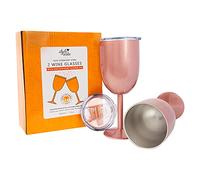 Stainless Steel Spillproof Wine Glasses - Set of 2 Leak Resistant Sliding Lid White Pink Black Rose Gold 300ml. Unbreakable Sustainable for Picnics Outdoor Travel