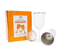 Stainless Steel Spillproof Wine Glasses - Set of 2 Leak Resistant Sliding Lid White Pink Black Rose Gold 300ml. Unbreakable Sustainable for Picnics Outdoor Travel