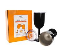 Stainless Steel Spillproof Wine Glasses - Set of 2 Leak Resistant Sliding Lid White Pink Black Rose Gold 300ml. Unbreakable Sustainable for Picnics Outdoor Travel