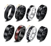 Stainless Steel Spinner Ring Set - 8 Pcs Black Spinner Rings for Men & Women - Cool Twisted Chain Anxiety Rings (X 1/2)