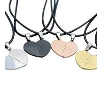 Stainless Steel Split Heart Couple Pendants, Matching Set with Engravable Surface, Available in Silver Black Gold Rose Gold, No Chain Included, One Size, Stainless Steel Wax Cord, Aquamarine