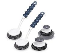 Stainless Steel Sponge Wool Scrubbers, Dish Metal Scrubber Dishwashing Sponge Dishes Scrub, Handheld Scrubbing Cleaner Brush Scouring Pad with Handle and Tray for Kitchen Cleaning 5 Pack (Grey)