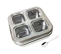 Stainless Steel Squre Transperant Lid Spice Box with 4 Spice Container and 1 Spoon, Dry Fruit Box, Masala Box - Silver