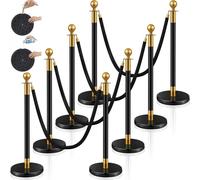 Stainless Steel Stanchion Post Queue 5 ft Red Velvet Rope Red Carpet Ropes and Poles Crowd Control Barriers Sand Injection Hollow Base and Velvet Ropes Set for Party Supplies (8 Pieces, Black, Gold)