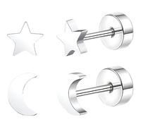 Stainless Steel Star and Moon Stud Earring Set 2 Pairs Silvery Flatback Earrings Hypoallergenic Screwback Jewellery Pentagram Flat Back Helix Jewelry for Sensitive Ears Women Ladies Aretes De Mujer
