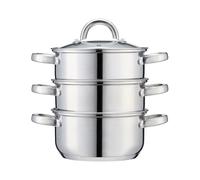 Cooks Professional 3 Tier Stainless Steel Steamer Pan | Durable Vegetable Steam Cooker Pots with Glass Lid, Vent & Twin Handles | Suitable for All Hobs Inc Induction | Dishwasher Safe | 16cm Diameter