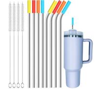 Stainless Steel Straw Replacement Fits for Stanley Adventure Travel Tumbler and Simple Modern 40 oz Tumblers - 8 Reusable Metal Straws with Silicone Tips and 4 Cleaning Brushes (Silver)