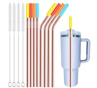 Stainless Steel Straw Replacement Fits for Stanley Adventure Travel Tumbler and Simple Modern 40 oz Tumblers - 8 Reusable Metal Straws with Silicone Tips and 4 Cleaning Brushes (Rose Gold)