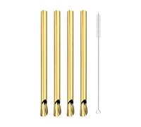 Stainless Steel Straws 5pcs Metal Stainless Steel Straw Reusable Milkshake Bubble Tea Straws with Brush Stirring Smoothie Spoon Shaped(Gold)
