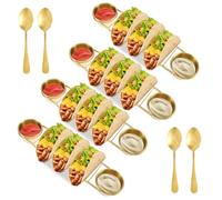 Stainless Steel Taco Holder Set - Rustproof Sturdy Food Grade Oven Safe Dishwasher Safe, with Spoon Salad Cup, Serving Tray for Mexican Dishes Toppings Tacotuesday Wedding Registry Gift (4pcs golden)