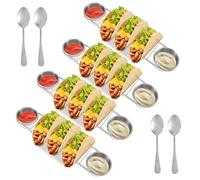 Stainless Steel Taco Holder Set - Rustproof Sturdy Food Grade Oven Safe Dishwasher Safe, with Spoon Salad Cup, Serving Tray for Mexican Dishes Toppings Tacotuesday Wedding Registry Gift (4pcs silver)