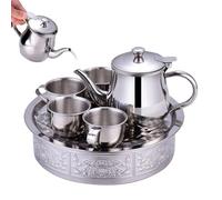 Stainless Steel Tea Set for Kids - Long Spout Teapot, 70ml Cups with Filter Screen, Rustproof Metal Drinkware, Lightweight Serving Tray | Pretend Play Educational Toy for Kindergarten Home Gathering