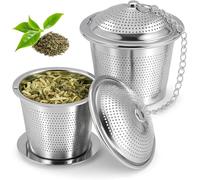 Stainless Steel Tea Strainer Set of 2 - Fine Strainer for Loose Tea & Herbs - Includes Drip Tray & 11cm Chain - Reusable, Dishwasher Safe, BPA Free - Perfect for Cups, Pots & Thermal Mugs
