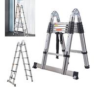 Stainless Steel Telescoping Telescopic Ladder 12.5ft/6.2+6.2ft A Frame Folding Straight Ladder Portable Extension Heavy Duty Compact Ladder with Support Bar 330lb Load Capacity EN131 Safe Standard