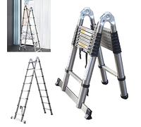Stainless Steel Telescoping Telescopic Ladder 16.5ft/8.2+8.2ft A Frame Folding Straight Ladder Portable Extension Heavy Duty Compact Ladder with Support Bar 330lb Load Capacity EN131 Safe Standard