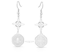 Stainless Steel Triple Protection Earrings With Witch Knot Tetragrammaton Pentagram Saint Benedict Medal Witchcraft Pagan Amulet Jewerly for Women Men，Silver 2