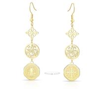 Stainless Steel Triple Protection Earrings With Witch Knot Tetragrammaton Pentagram Saint Benedict Medal Witchcraft Pagan Amulet Jewerly for Women Men，Gold 3