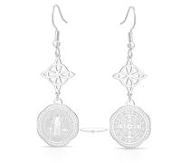 Stainless Steel Triple Protection Earrings With Witch Knot Tetragrammaton Pentagram Saint Benedict Medal Witchcraft Pagan Amulet Jewerly for Women Men，Silver 1