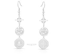 Stainless Steel Triple Protection Earrings With Witch Knot Tetragrammaton Pentagram Saint Benedict Medal Witchcraft Pagan Amulet Jewerly for Women Men，Silver 4