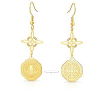 Stainless Steel Triple Protection Earrings With Witch Knot Tetragrammaton Pentagram Saint Benedict Medal Witchcraft Pagan Amulet Jewerly for Women Men，Gold 2