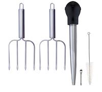 Stainless Steel Turkey Baster and Poultry Lifters Fork Set of 2. Food Grade Stainless Steel and Rubber. Dishwasher-Safe