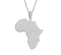 Stainless Steel Unisex African Map Silver Necklace, National Boundaries Outlined, Country Names Engraved