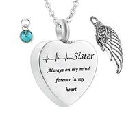 Stainless Steel Urn Pendant Necklace Angel Wings Heart Ash Pendant with Birthstone Crystal Pendant Electrocardiogram Sister Always On My Mind Forever In My Heart Memorial Chain March