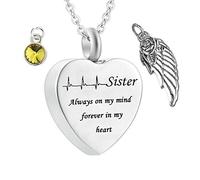 Stainless Steel Urn Pendant Necklace Angel Wings Heart Ash Pendant with Birthstone Crystal Pendant Electrocardiogram Sister Always On My Mind Forever In My Heart Memorial Chain November
