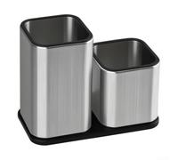 Stainless Steel Utensil Holder for Countertop for Double Kitchen Caddy with Air Vents - Brushed Metal Cutlery Organiser for Spatulas Ladles Forks Silver 22.5x11.2x23.6cm