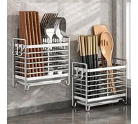 Stainless Steel Utensil Holder with Drain Tray, Wall Mounted or Countertop Drying Rack for Kitchen Forks Spoons Chopsticks Organizer, Silver(2 COMPARTMENTS)