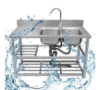 Stainless Steel Utility Sink Double Bowl Free Standing Commercial Sink with Workbench and Storage Shelves for Laundry Garage Restaurant Farmhouse Indoor Outdoor