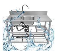 Stainless Steel Utility Sink Double Bowl Free Standing Commercial Sink with Workbench and Storage Shelves for Laundry Garage Restaurant Farmhouse Indoor Outdoor