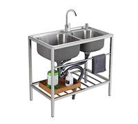 Stainless Steel Utility Sink Double Bowl, Freestanding Commercial Restaurant Sink Anti-Overflow with Tap & Shelves for Garden, Kitchen, Laundry Room, Garage, Outdoor 83 * 44 * 85cm