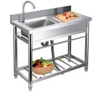 Stainless Steel Utility Sink - Free Standing Kitchen Sink, Large Single Bowl with Drainboard & Workstation | Includes Hot/Cold Water Pipes & Undershelf Faucet