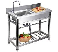 Stainless Steel Utility Sink, Free Standing Kitchen Sink Single Bowl with Large Work Station Cold and Hot Water Pipe Undershelf Faucet Drainboard