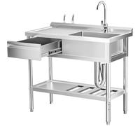 Stainless Steel Utility Sink, Freestanding Commercial Kitchen Sink Set with Workbench, Drawer Storage and Hot/Cold Water Pipes for Indoor and Outdoor(100x50x80cm(39.4x20x31.5in))