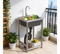 Stainless Steel Utility Sink, Freestanding Kitchen Single Bowl Sink Station, 15.75 x 17.72 in Basin, 360 Degree Rotatable Faucet Drain, S Bend 143lbs Load Capacity, for Garden Patio Washing Stainless