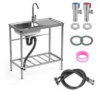 Stainless Steel Utility Sink Set, Freestanding Single Bowl Kitchen Sinks, Outdoor Sink Station with Hose Hook Up, Hot & Cold Faucet, Storage Shelves for Garage Restaurant Kitchen Laundry Room A