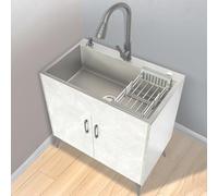 Stainless Steel Utility Sink with Cabinet, Free Standing Catering Commercial Sink for Kitchen, Bathroom, Restaurant, Farmhouse, Laundry (Color: Milk)