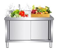 Stainless Steel Utility Sink with Faucet, Freestanding Outdoor Kitchen Sink with Work Table & Storage Shelves, Perfect for Garden, Restaurants & Laundry