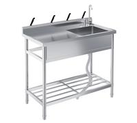 Stainless Steel Utility Sink with Faucet, Freestanding Single Bowl Commercial Kitchen Sink, Cold and Hot Water Pipe, Storage Shelf, Heavy Duty Wash Station for Garage, Laundry, Restaurant, 99×51×94cm