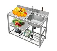 Stainless Steel Utility Sink with Workbench, Commercial Restaurant Sink Kitchen Sinks Set Prep & w/Faucet & Drainboard, Laundry Room Single Bowl Outdoor Kitchen Sinks(Hot Cold Faucet Right,39.4in)