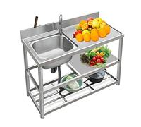 Stainless Steel Utility Sink with Workbench, Commercial Restaurant Sink Kitchen Sinks Set Prep & w/Faucet & Drainboard, Laundry Room Single Bowl Outdoor Kitchen Sinks(Hot Cold Faucet Left,39.4in)