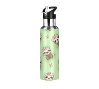 Stainless Steel Vacuum Insulated Water Bottle 20 Oz, BPA-Free Sports Water Bottle with Straw for Gym Outdoor Travel School, Cute Sloths Green