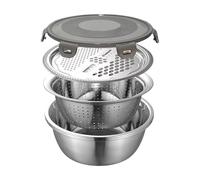 Stainless Steel Vegetable Washing Basin Set, 3-in-1 Slicer Grater Strainer Bowl, Silver, 26x26x11 cm, Multifunctional (1)