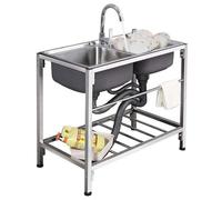 Stainless Steel Vertical Sink with Cold Hot Faucet, Simple Kitchen Sink/Bathroom wash Basin for Outdoor/Factory/Restaurant (2 Compartment)