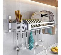 Stainless Steel Wall-Mounted Storage Rack, Kitchen Storage Shelf,Dish Drainer Rack With Drip Tray,Dish Drying Rack, With Cutlery Rack And Cutting Board Rack, Silver Kitchen Dish Rack ( Color : Silver