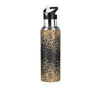 Stainless Steel Water Bottle, Double Thermo Cup Walled Leak-Proof Vacuum Hot Cold Insulated Travel Mug with Handle Bottle 33.8 Oz Print Gold Luxury Glittering Shining On Black