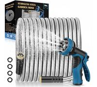 Stainless Steel Water Hose 50ft - Leak-Resistant Design with 100% Solid Brass Couplings, Complete with Spray Nozzle & Replacement Seals